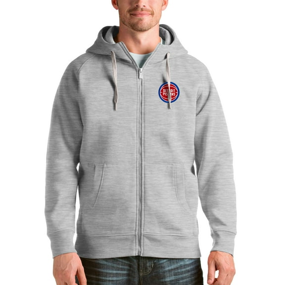 Men's Antigua Heathered Gray Detroit Pistons Logo Victory Full-Zip Hoodie