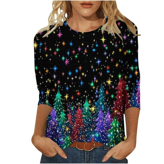 Christmas Tops for Women Fall Christmas Tree Tees 3/4 Sleeve Round Neck Tops Tshirts for Holiday Fall Clothes My Items