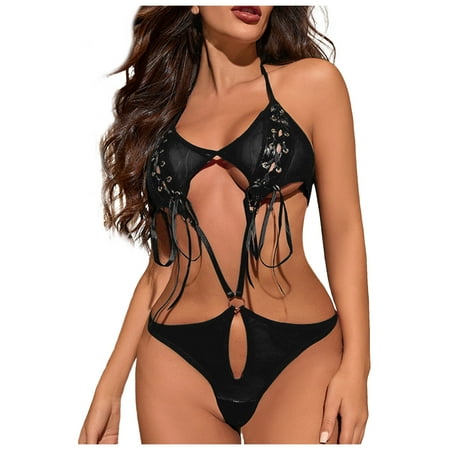 Yuhangmm Ladies Lingerie Sexy See Through Solid Colour Hollowed Out Straps Bow Jumpsuit Mesh Clothing Mom Bod Lingerie
