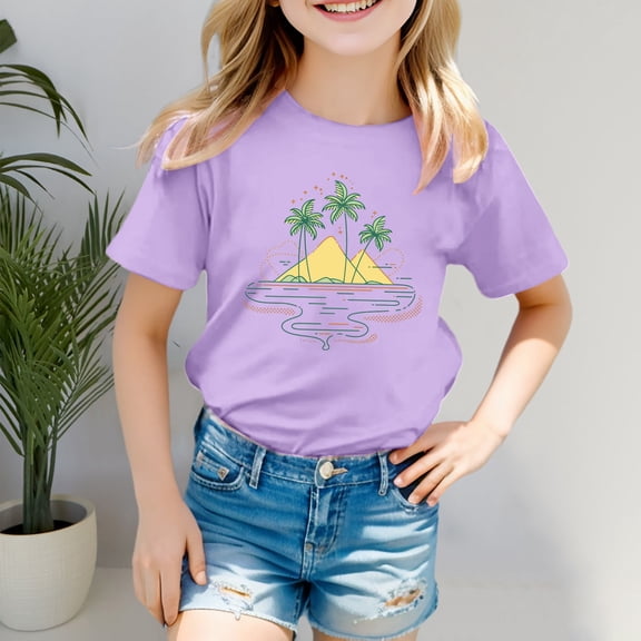 Kids Clothes for Girls Purple Printed Short Sleeve Shirts for Girls Casual Little Girls Summer Clothes Girls Clothing Size 6-7 Years