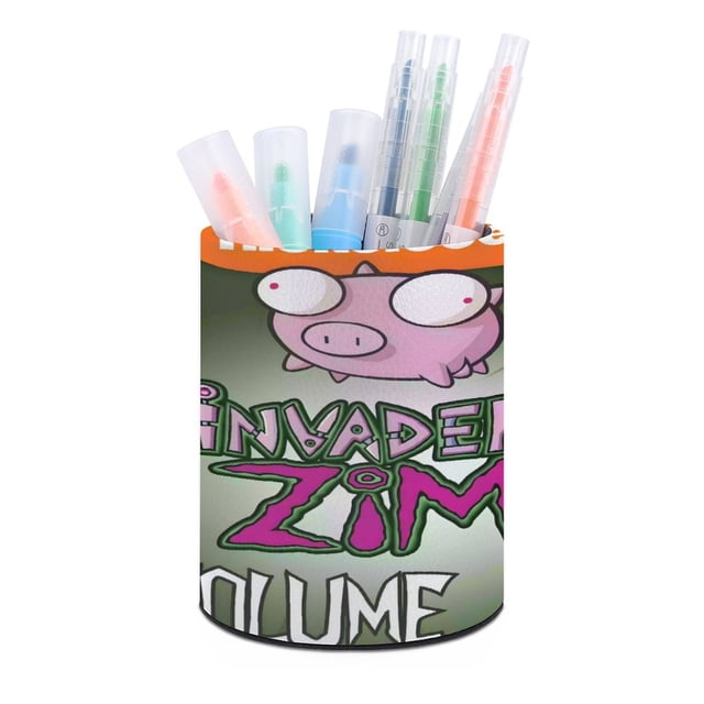 Invasor Zim-theme Cylinder Pen Holder Pencil Organizer with Flannel Lining PVC Leather Material Cardboard Base for study work 10*8CM