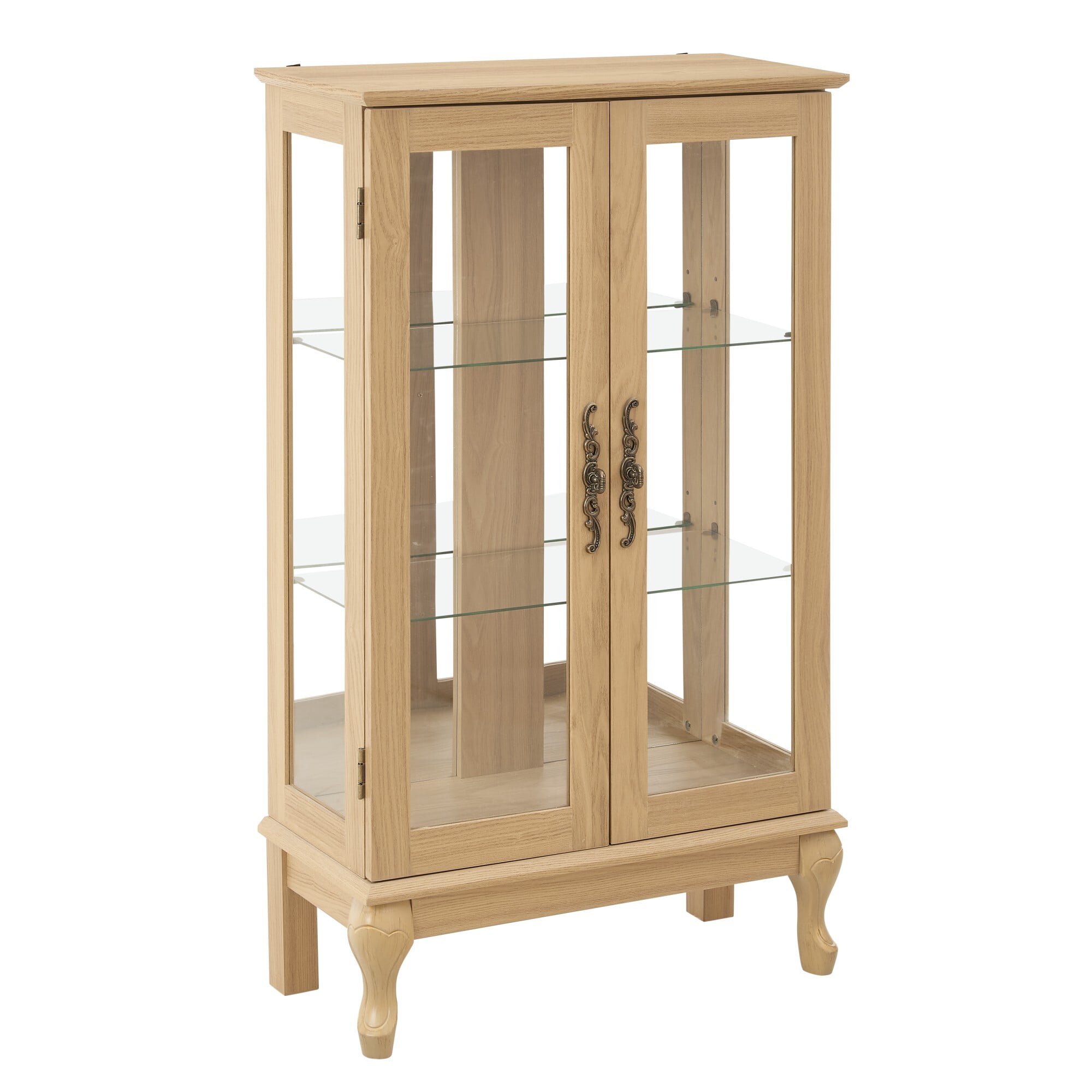 AENKYO Retro Glass Curio Cabinet with Light Bulb & Adjustable Shelves, Small Vintage Home Decor Display Case, Oak