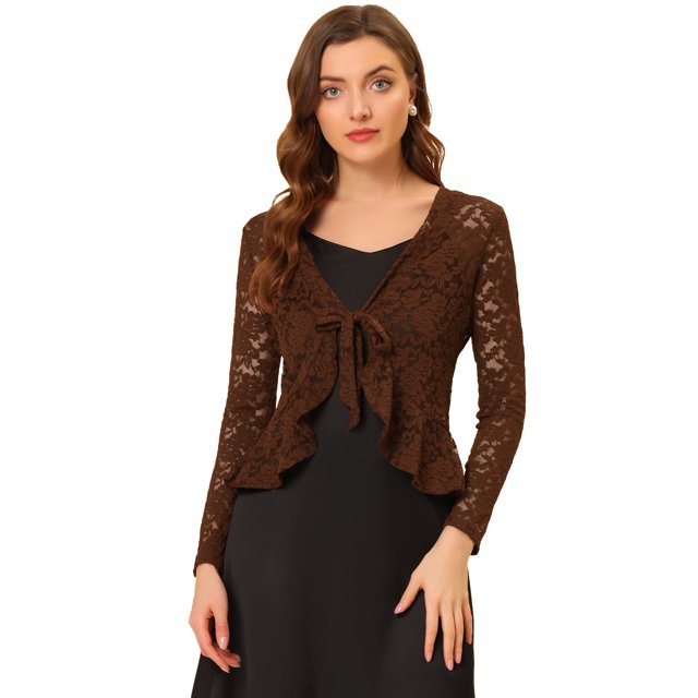 Cárdigan corto con lazo En la parte delantera para mujer Allegra K Top transparente de encaje floral marrón XL