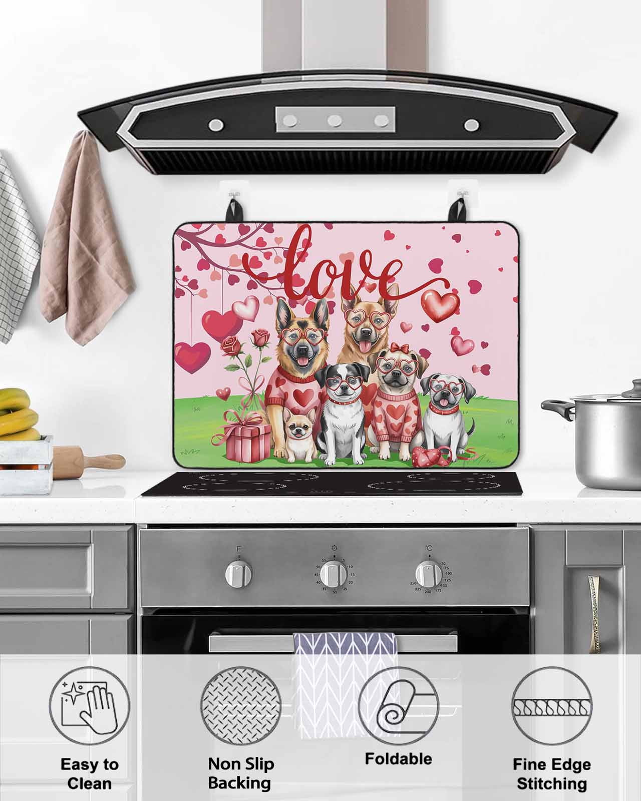 Large Induction Cooktop Protector Mat Valentine's Day Stove Top Covers for Electric Stove, Watercolor Funny Dogs Love Roses Spring Pink Decorative Stove Burner Cover Mats, Glass Top Stove Cover