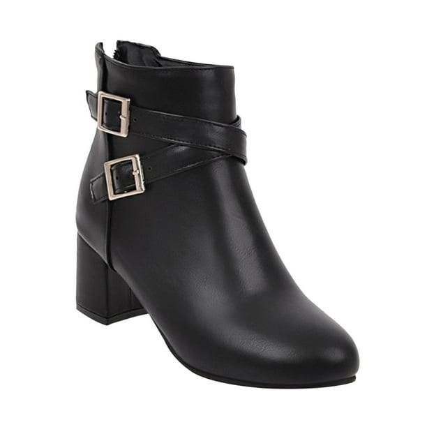 NECHOLOGY Botas Mujer Zapatos Botines mujer Botas de tacón grueso para mujer de otoño e invierno, hebilla de cinturón, botas de mujer con cremallera lateral de tacón medio (Black, 7.50)
