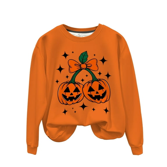 Long Sleeve Funny Sweatshirts for Women Crew Neck Halloween Sweatshirt Pumpkin Ghost Cute Graphic Sweater Tops Orange, M