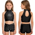 thumbnail image 5 of inhzoy Kids Girls Dance Gymnastics Sparkling Rhinestone Crop Top with V-front Elastic Waistband Shorts Set Black 16, 5 of 6