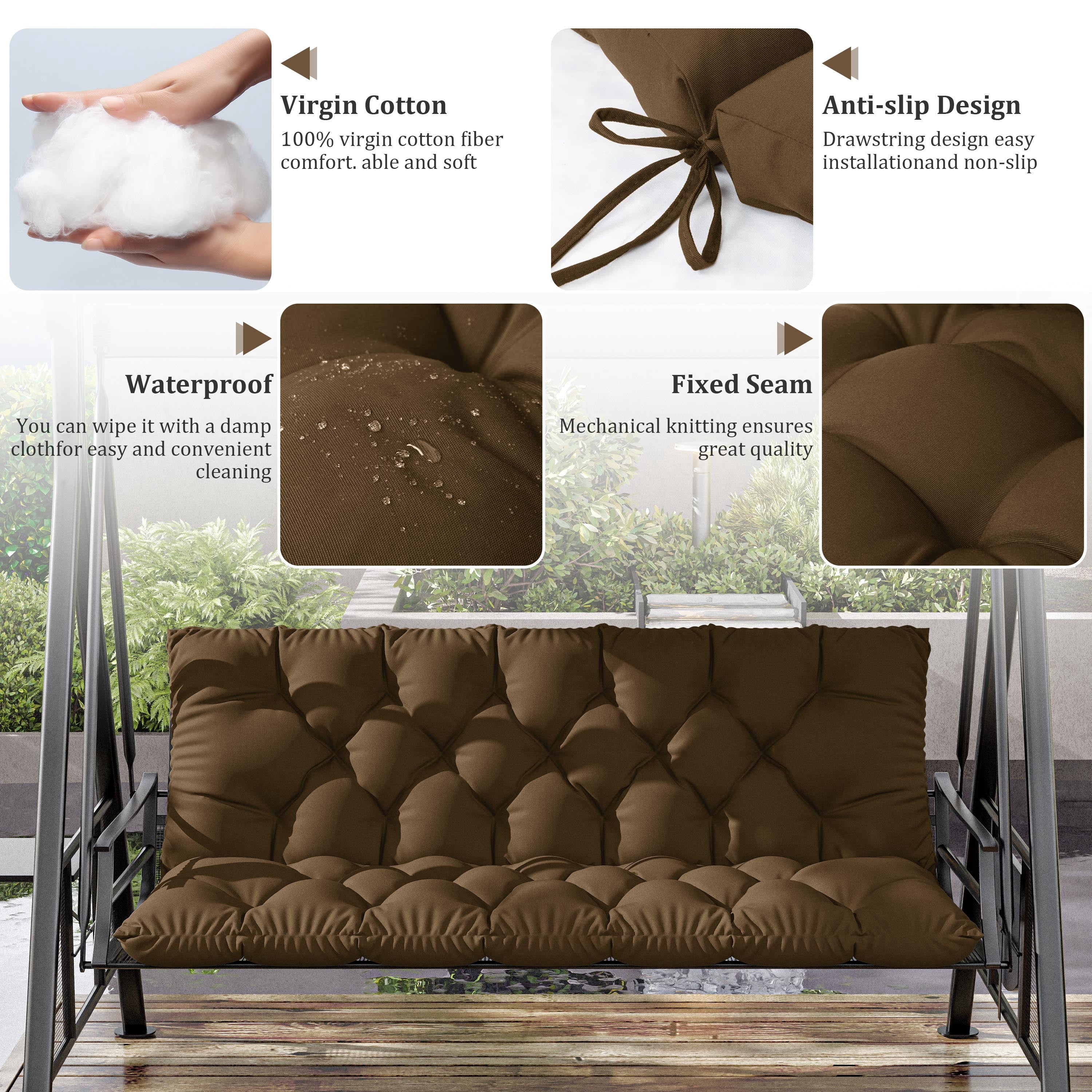 Kimunuk Outdoor Porch Swing Cushion, 60" X 40" X 5" Waterproof Bench Chair Replacement Cushion with 6 Ties for Patio, Chocolate