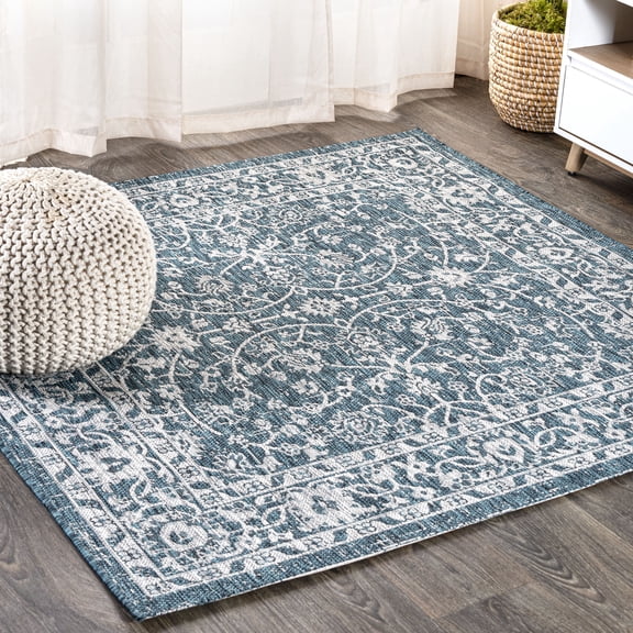 JONATHAN Y SANTA MONICA 5' Square Area Rug, Palazzo Vine and Border Textured Weave - Teal/Gray, SMB103B-5SQ