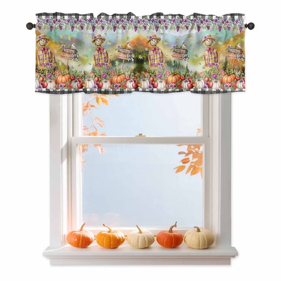 Valances for Windows Welcome to Fall Words Rod Pocket Short Curtain for bathroom living room bedroom Scarecrows Grape Wildflowers 1 Panel 54x18in