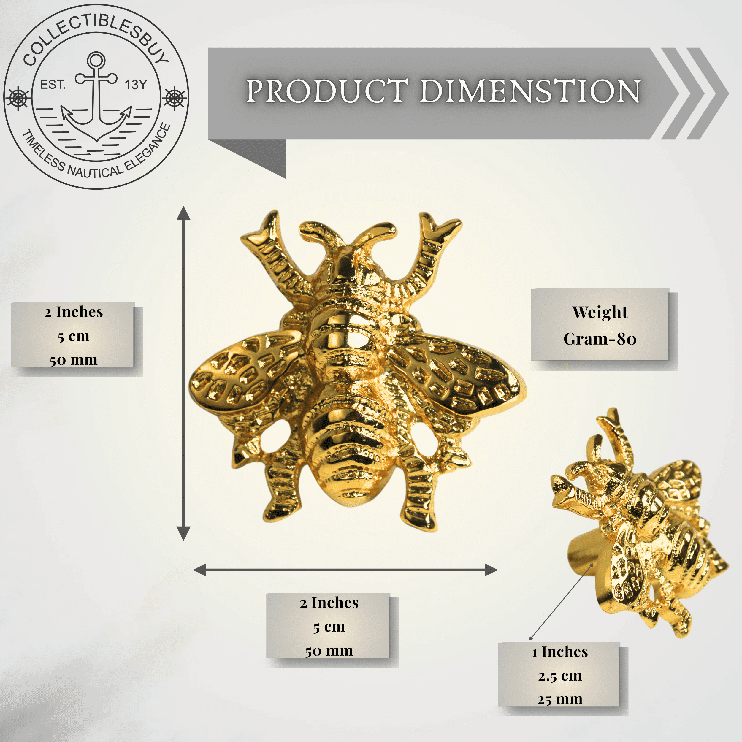 Shiny Brass Honey Bee Cabinet Knob – Golden Drawer Pull for Dresser, Kitchen, Wardrobe & Furniture | Vintage-Style Decorative Handle for Home DIY Decor (Honey Bee Set of 3)
