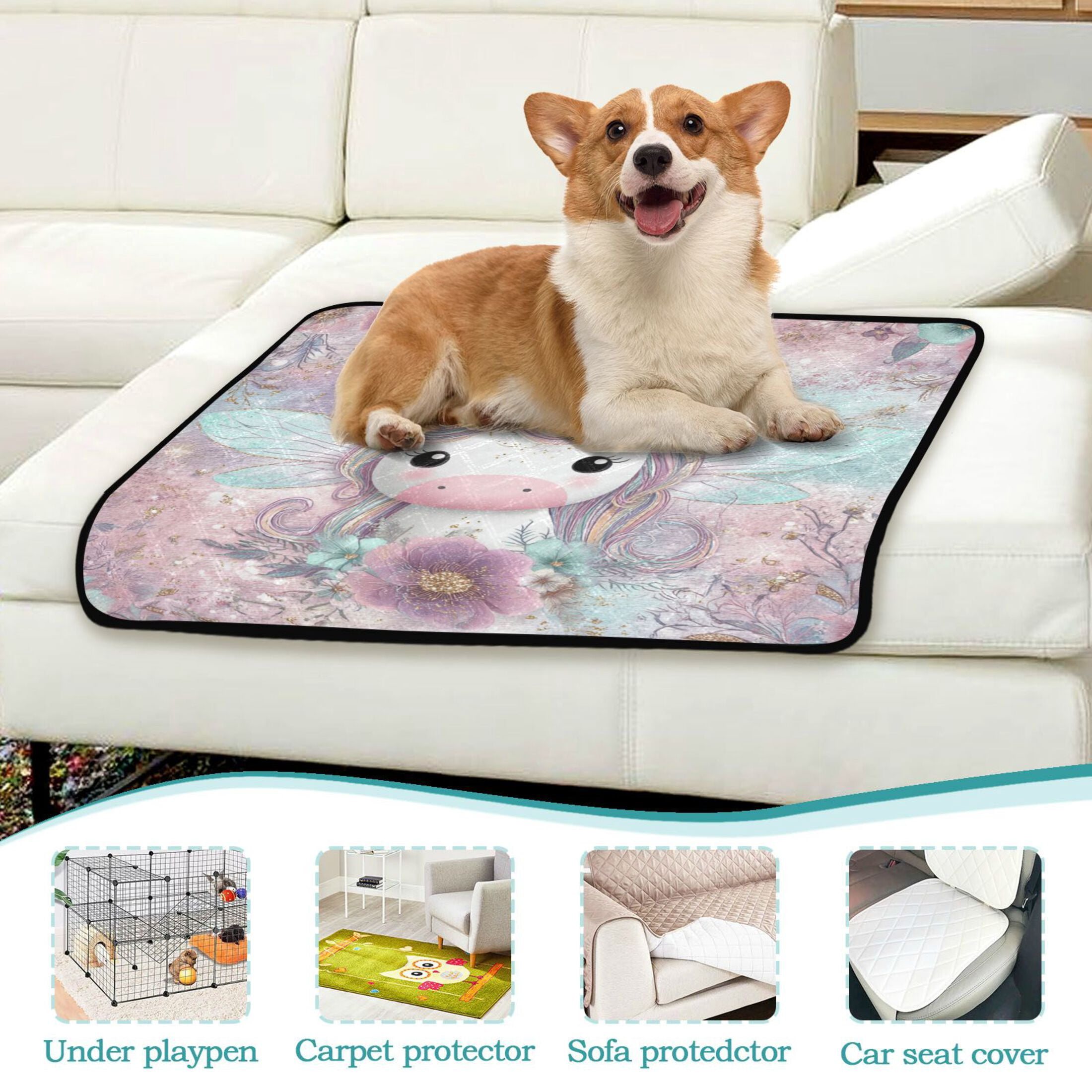 Qxltty Cute Unicorn Cat litter Pads Pet Set of 2 Diaper Mats Center Anti-leakage Layer Absorbent Soft and Comfortable