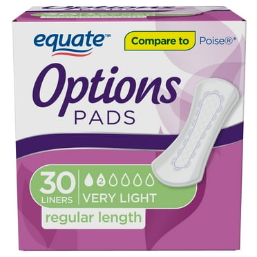 Equate Options Women's Incontinence Pads, Very Light Absorbency, Regular Length (30 Count), Compare to Poise®