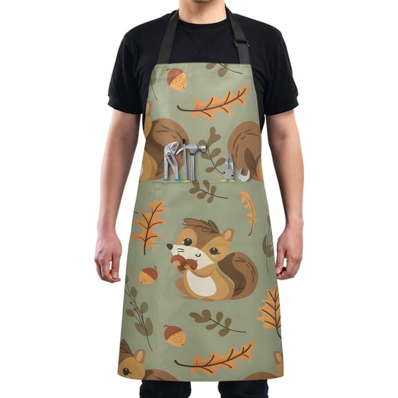 Smiling Squirrel with Acorns Kitchen Apron with 2 Pockets Adjustable waterproof Cooking Aprons for Women Men Chef