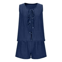 Women 2 Piece Jean Outfits Sleeveless V Neck Tie Front Vests with Shorts Suits Trendy Summer 2025 Casual Cute Denim Sets Knit Sets Two Piece Lady Dark Blue S