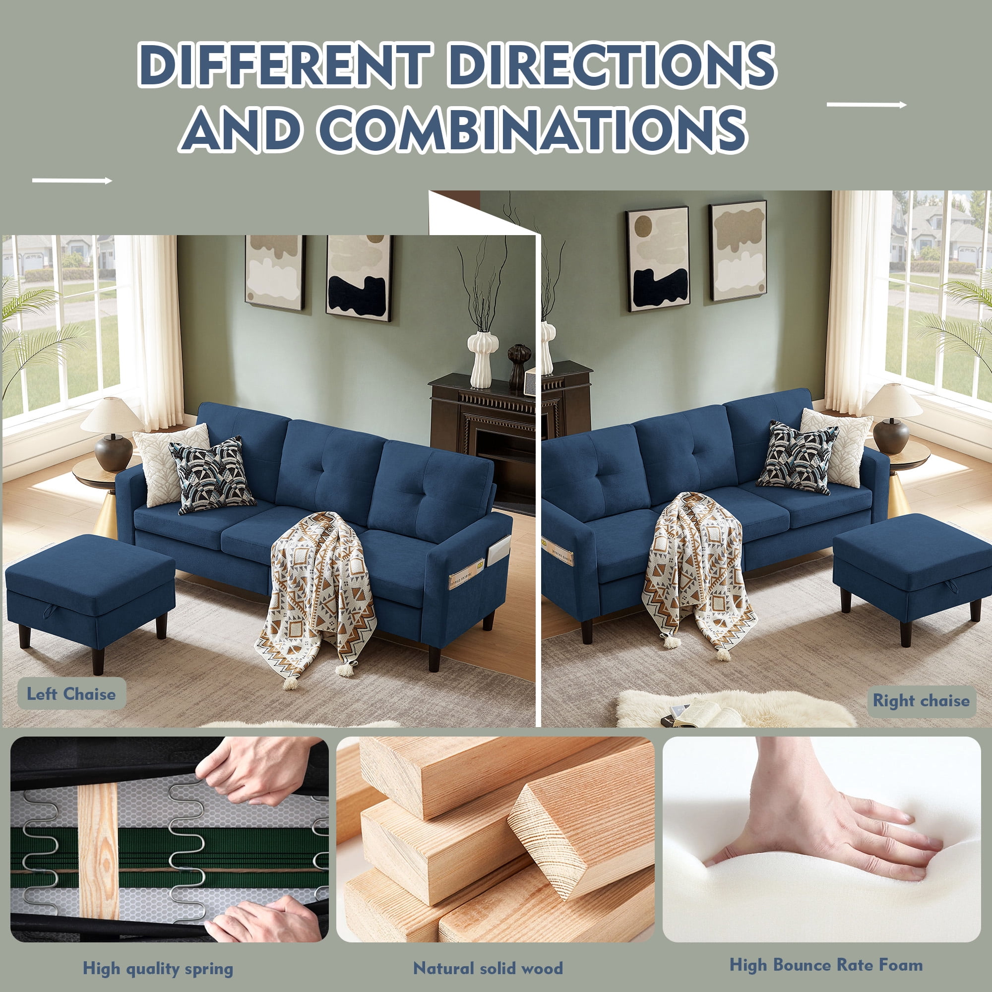 Tornama Convertible Sectional Sofa, Small L Shaped 3-Seat Couch with Reversible Chaise, Modern Linen Sofas Couches for Living Room, Apartment and Small Space