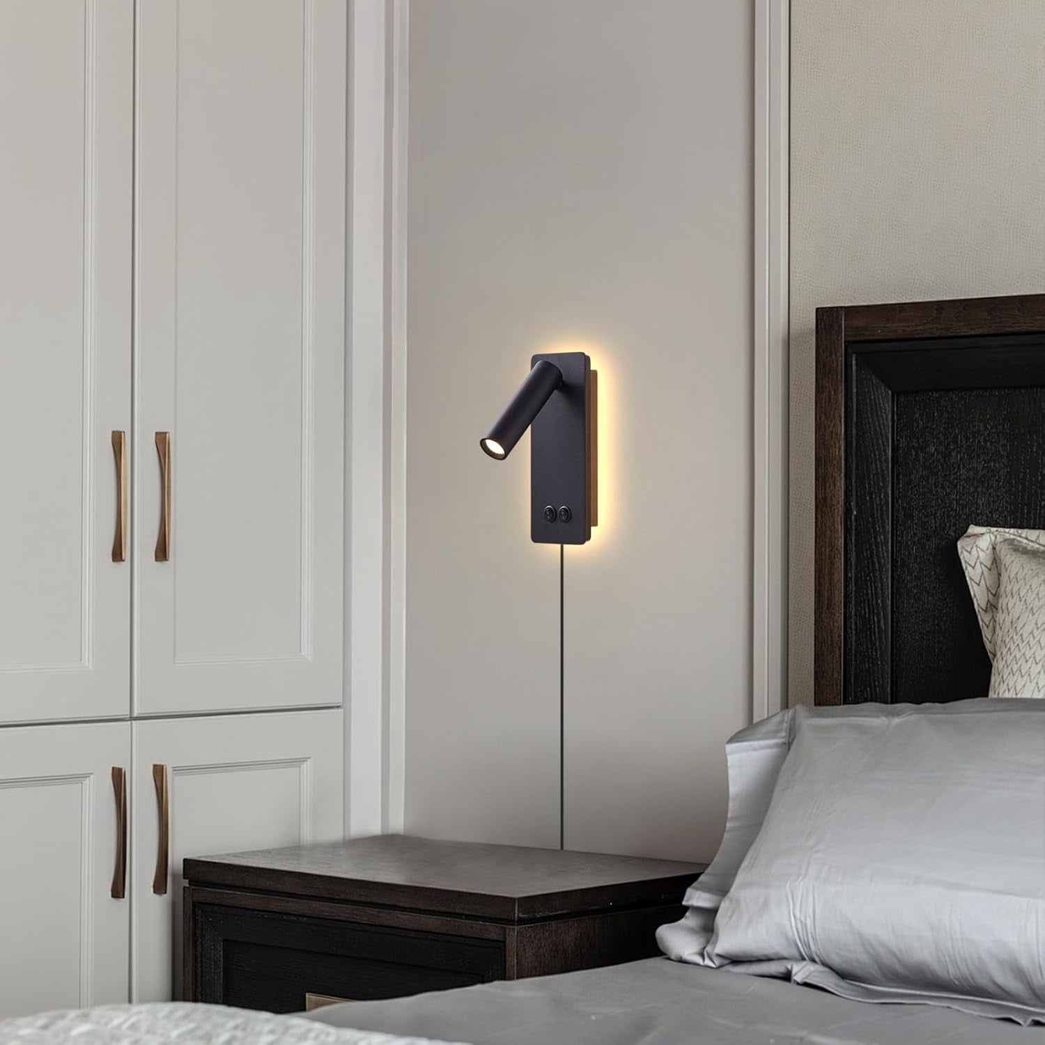 Plug-in Wall Sconce Reading Lamp with 3-Level Dimming, 350 °   Rotation for Bedside Bed Headboard in Bedroom Living Room (Black)