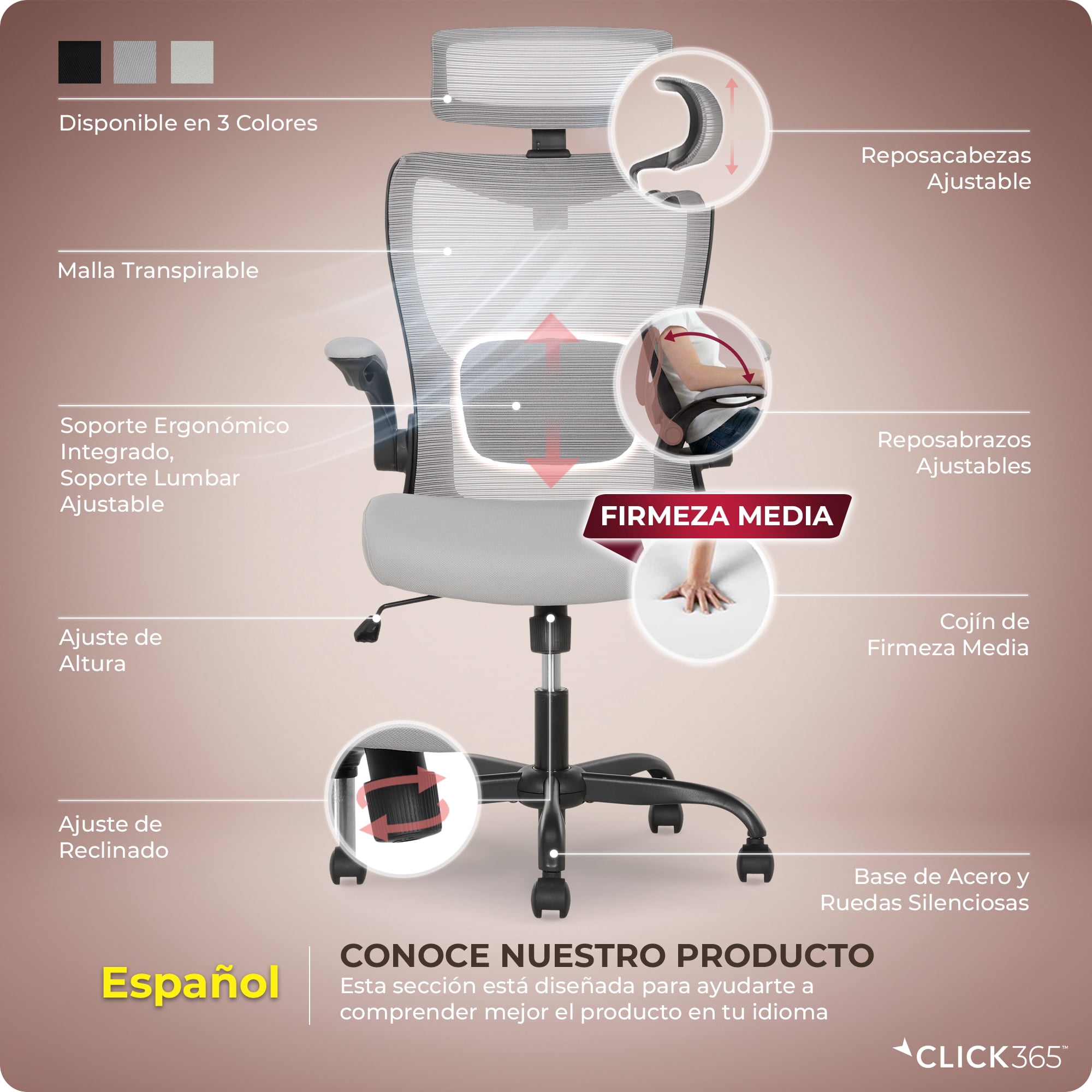 Click365 Adult Mesh High Back Indoor Commercial Ergonomic and Adjustable Headrest Office Chairs Hardware Kit, Gray