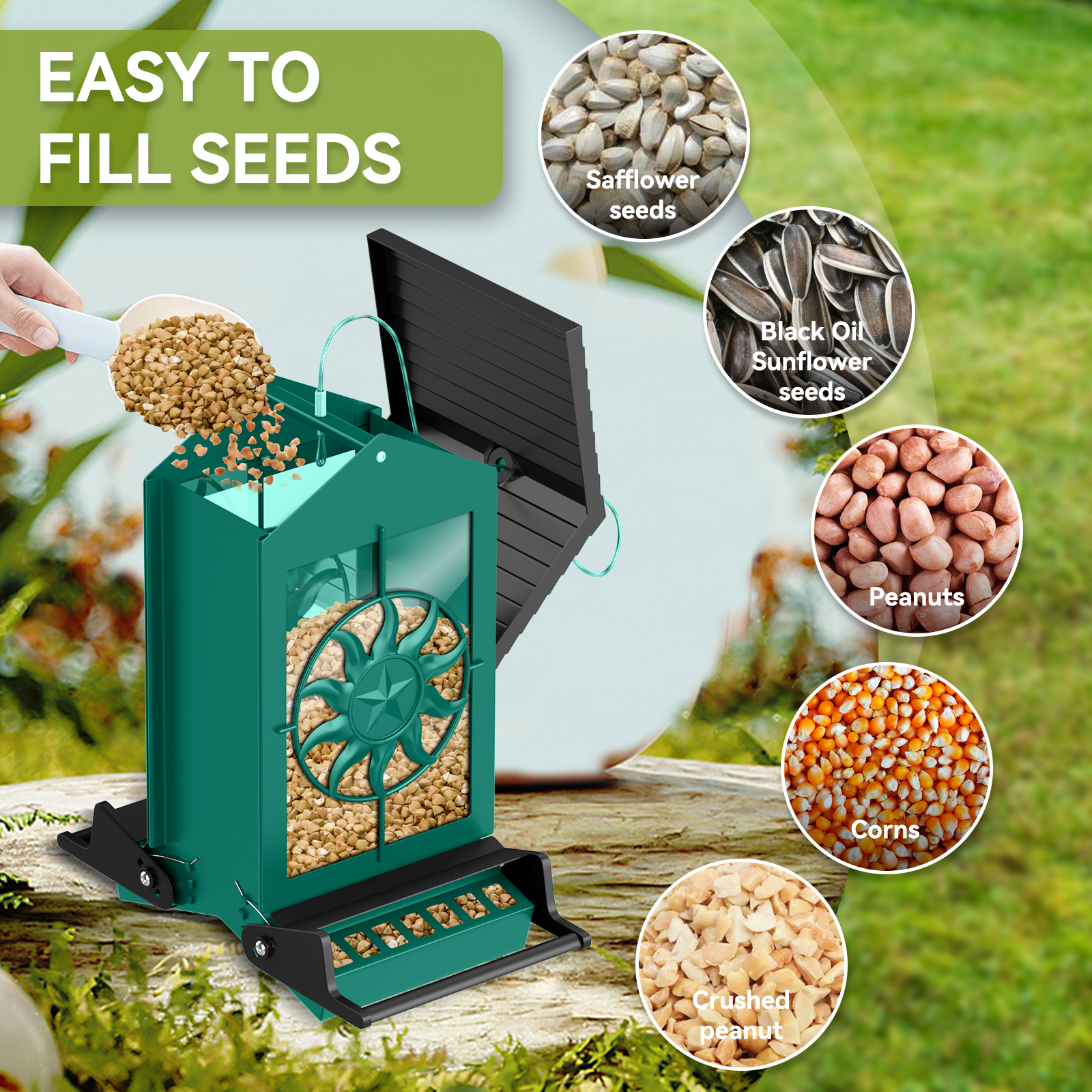 Squirrel Proof Bird Feeder for Outdoors Hanging, Metal Wild Bird Seed Feeder with Bilateral Weight-Activated Perches, 5LB Large Capacity Wild Bird Feeders for Outside Finch, Cardinal, Blue Jay