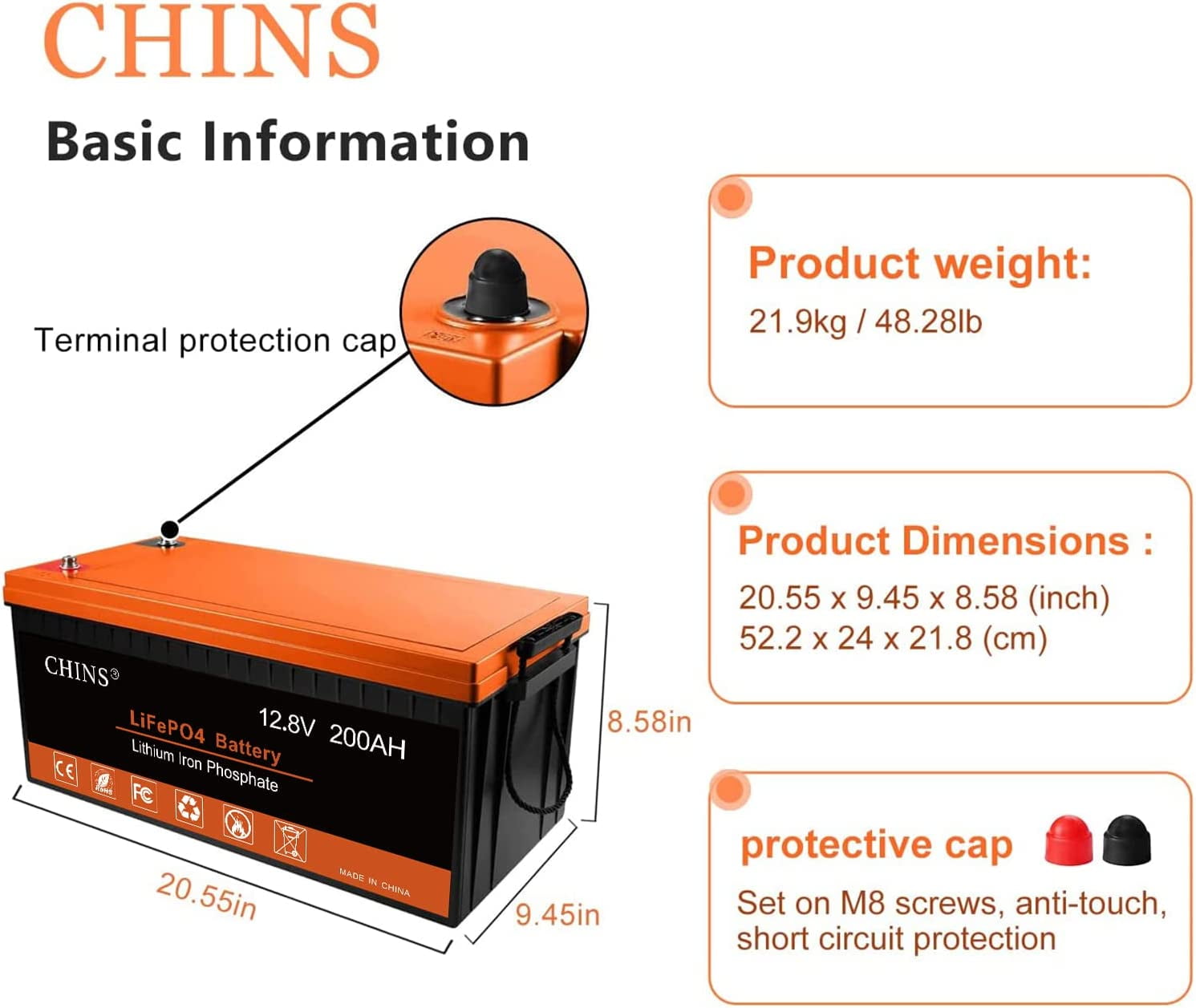 CHINS LiFePO4 12V 200AH Lithium Iron Battery Built-in 100A BMS for Home  Energy Storage