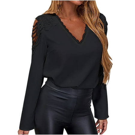 Zanvin Womens Fall Fashion Tops 2022 Clearance, Womens Classic Summer Solid Color Long Sleeve Chiffon Loose Off The Shoulder Tunic Tops Blouses Shirt Black L, Gifts for Women