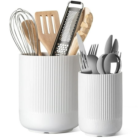 LE TAUCI Set of 2 Utensil Holders, 7.3"+5.4" Ceramic Crocks for Kitchen, Cooking Organizer & Plant Pots, White Utensil Caddy