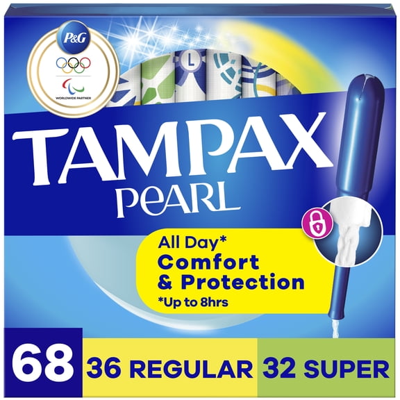 Tampax Pearl Tampons Multipack with LeakGuard Braid, Regular/Super Absorbency, Unscented, 68 Count