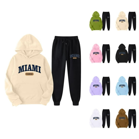 Miami Hoodie and Sweatpants Set for Women Fall Winter Hooded Sweatshirt and Jogger 2 Piece Set Women's Tracksuit