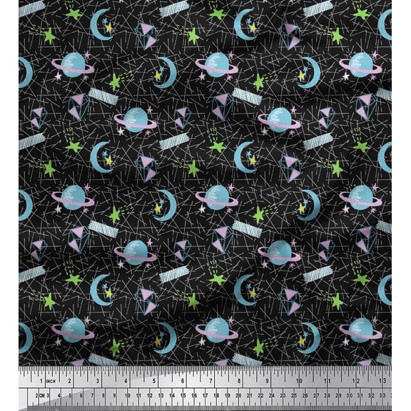 Soimoi Black Cotton Duck Fabric Moon & Stars Galaxy Fabric Prints By Yard 42 Inch Wide