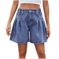 thumbnail image 2 of Qulqfy Pleated Womens Summer Shorts Denim Baggy Blue Trendy Casual High Waisted Shorts Girls Pants L, 2 of 7
