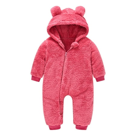 

Infant Baby Boys and Girls Autumn and Winter One-piece Clothes Cartoon Bear Hooded Crawling Clothes Plush Jumpsuit Warm Clothes with Zipper