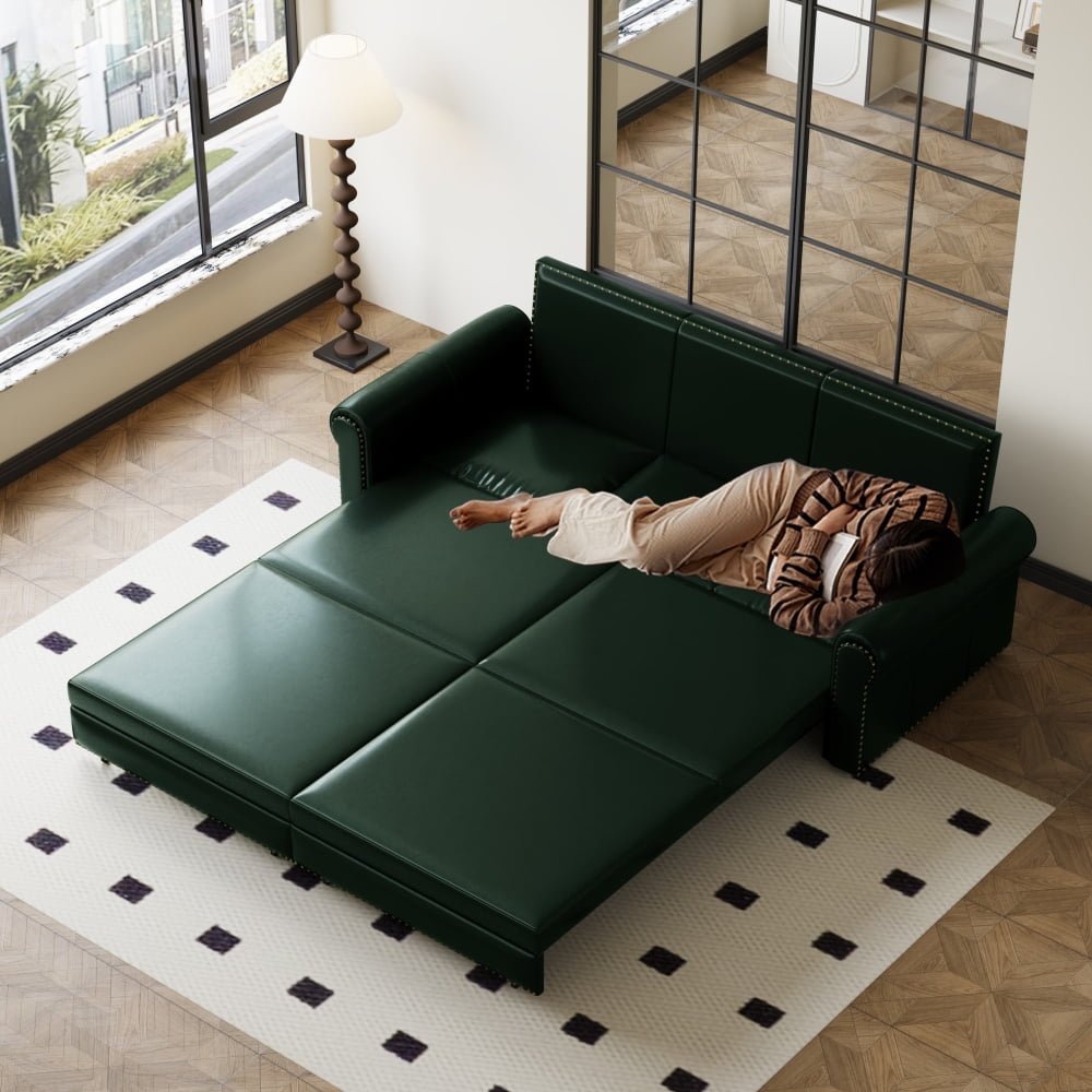 Chesterfield Sofa,93.7" King Pull Out Sofa Bed,3-in-1 Faux Leather Convertible Sleeper Sofa with Nailhead Trim & Rolled Arm,Multi-Functional Sofa Bed for Living Room, Bedroom, Green