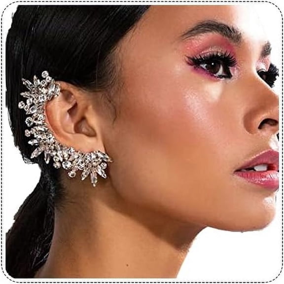 Rhinestone Silver Full Ear Cuff Earrings for Women Ear Clip Wrap Statement Climber Crawler Earrings for Women Hypoallergenic Silver Wedding Jewelry Gifts[i738]