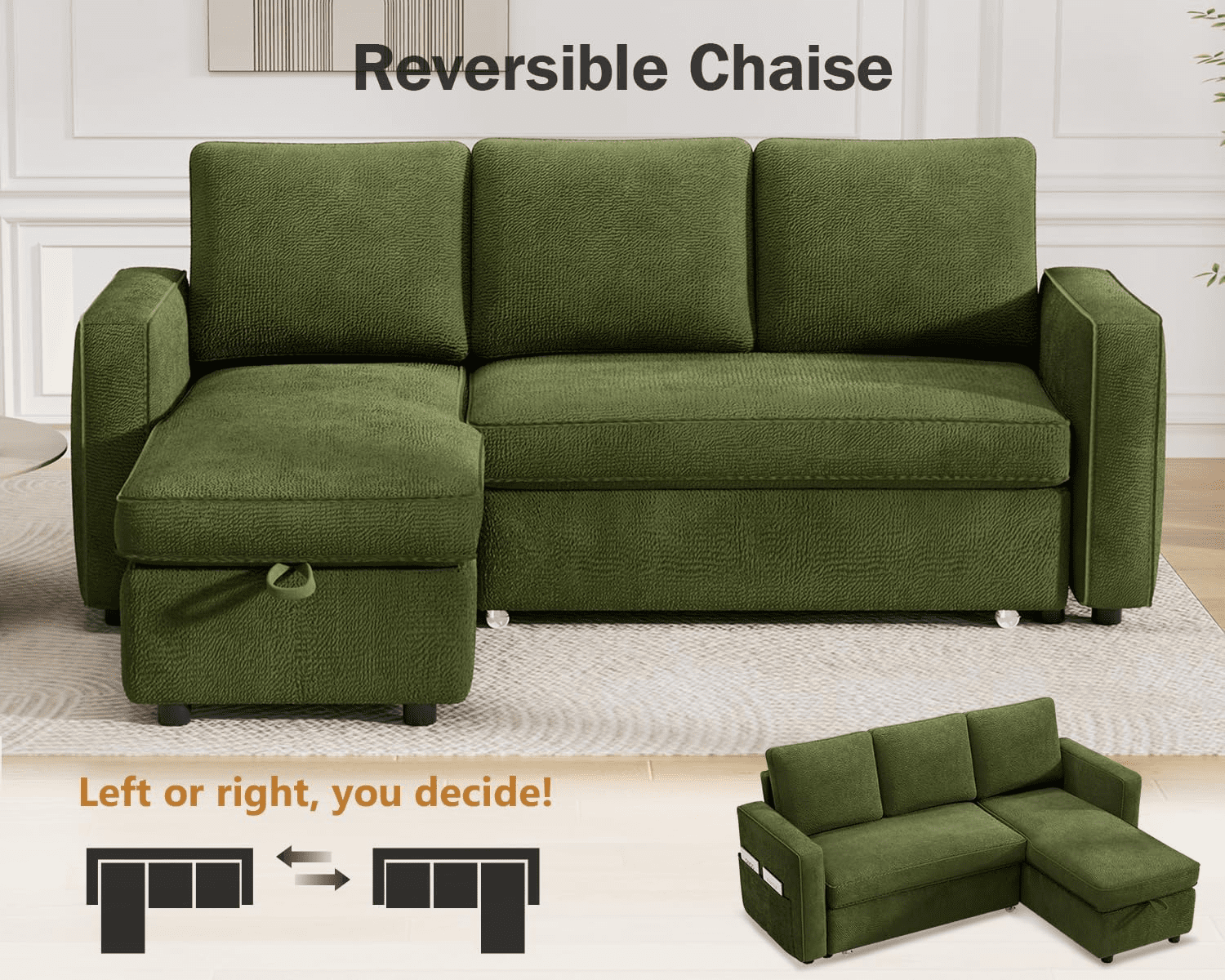 Vipbear 81" Sleeper Sofa Bed with Pull Out Bed, L Shaped Couch Sectional Sleeper Sofa, Pull Out Couch with Reversible Storage Chaise, Side Pockets, Chenille Green