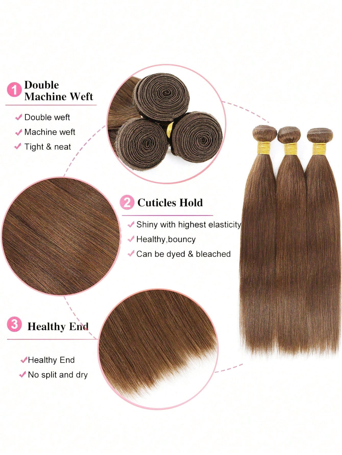 ChicRosa Light Yaki Straight 4# Brown Human Hair Bundles, 3 Pieces