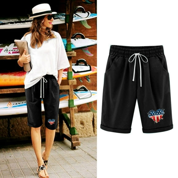 Summer Cotton Linen Shorts for Women Casual Comfy Relaxed Fit Knee Length Curling Short Pants High Waist Drawstring