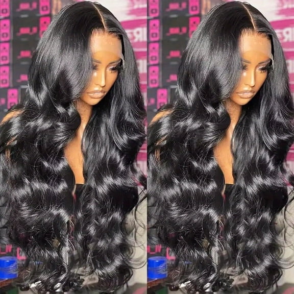 Transparent Lace Frontal Wigs Human Hair with Pre-Plucked Body Wave Lace Front Wig Glueless Wigs for Women Girls Transparent Lace Frontal Wigs (24inch, Black)