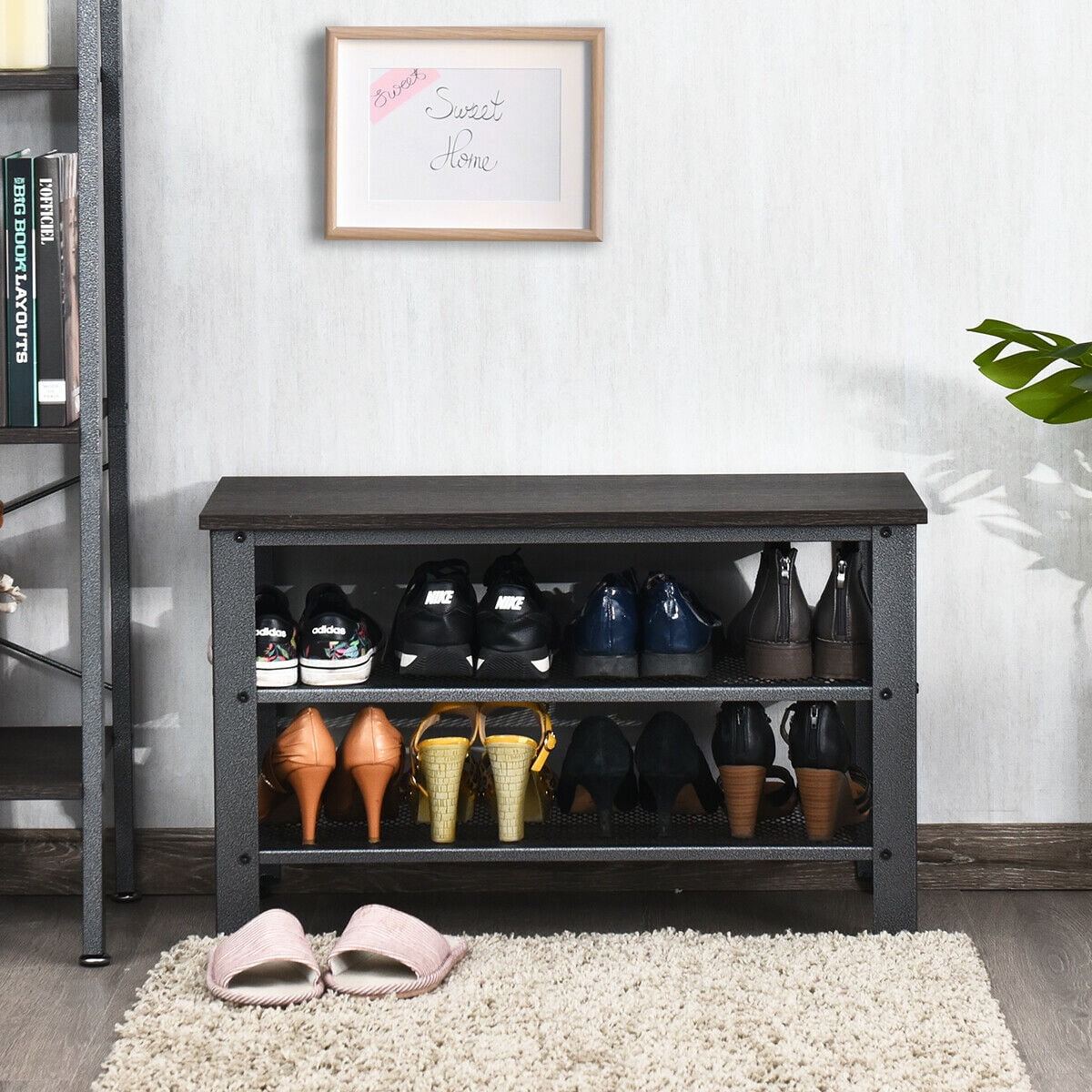 Gymax 3-Tier Shoe Rack Industrial Shoe Bench with Storage Shelves for LivingRoom Grey