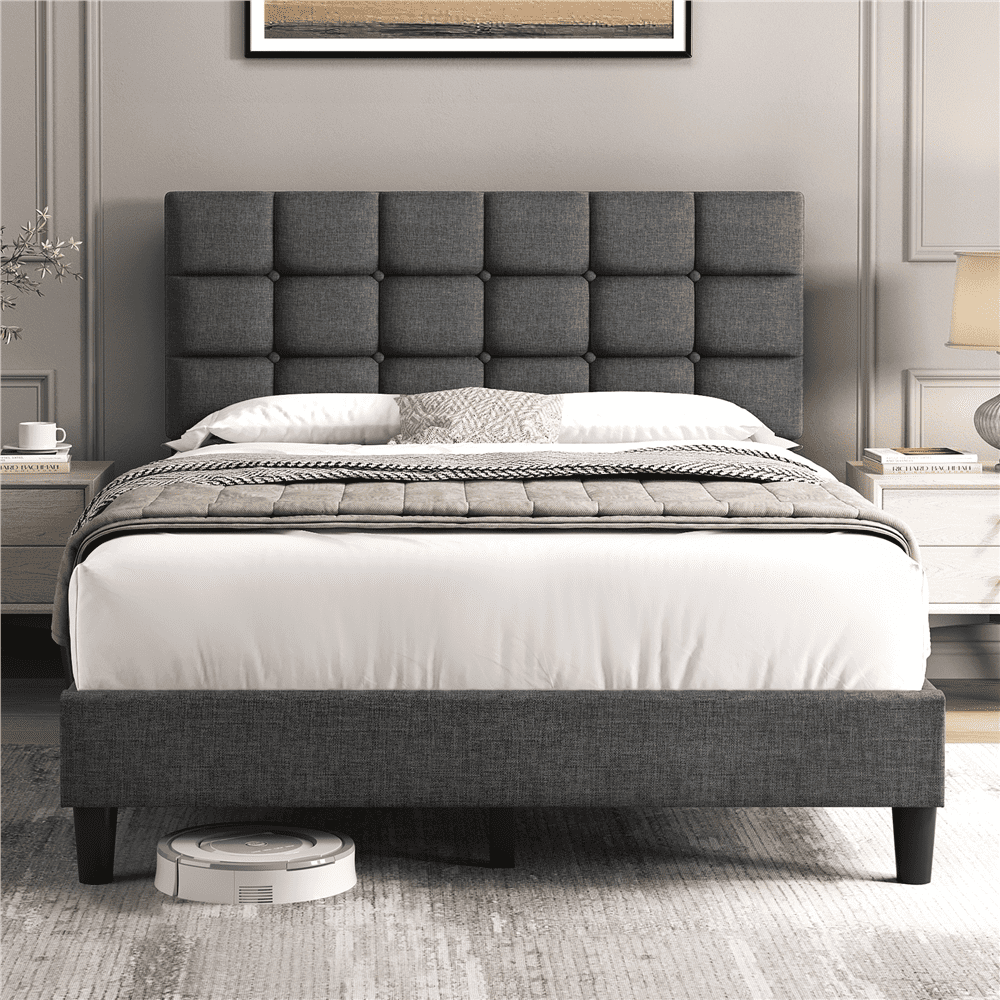 Renwick  Full Size Upholstered Platform Bed with Square Tufted Headboard, Dark Gray