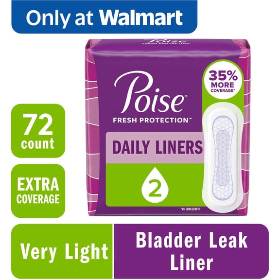 Poise Adult Incontinence Panty Liners, 2 Drop Light Absorbency, Extra Coverage, 72 Count