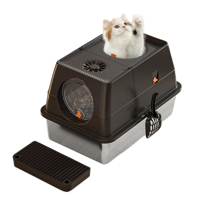 Cat Litter Boxes Stainless Steel Litter Box with Lid, Front Entry Top Exit Kitty Litter Box,Extra Large Enclosed Metal Litter Box with Litter Scoop & Litter Mat(Black)