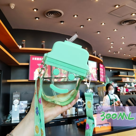 Vfedsrsge Lovely Water Bottle Straw Leakproof, Plastic Shoulder Strap Drinking Kettle with Straw Green