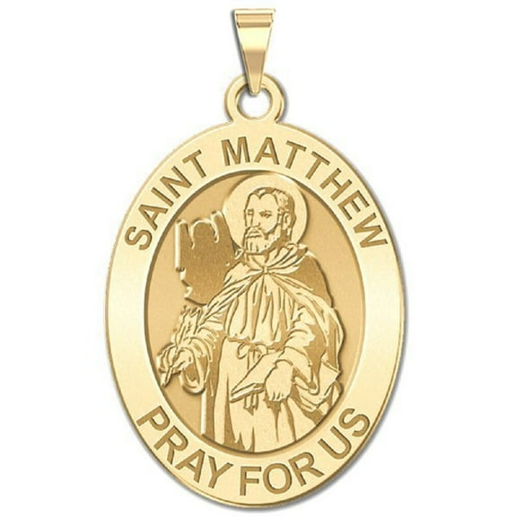 Picturesongold.Com Saint Matthew Oval Religious Medal Female Adult - 1/2 x 2/3 inch Size of Dime, Solid 14K Yellow Gold