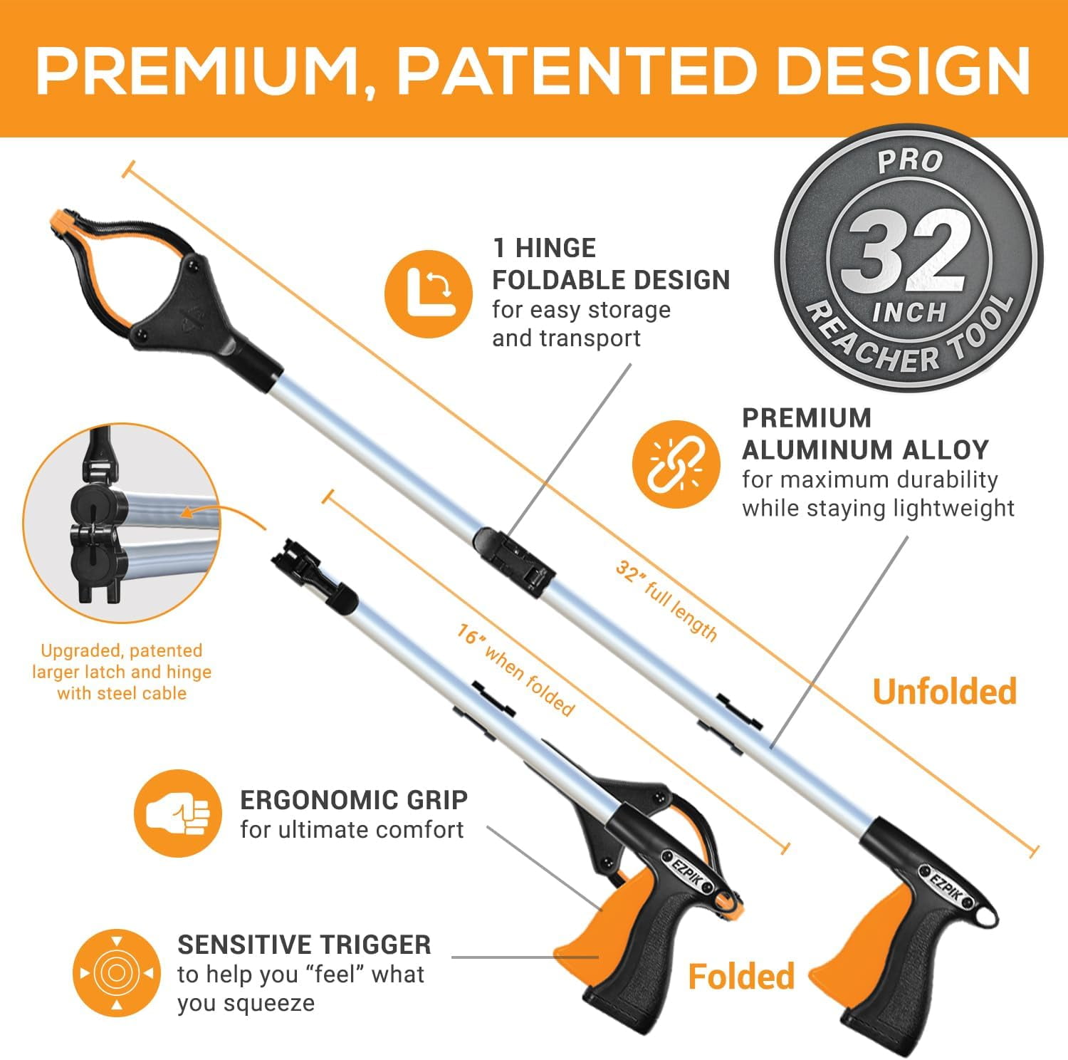 EZPIK 32" Grabber Reacher Tool for Seniors, Folding Magnetic Pickup Stick with Rotating Claw, Pro Silver