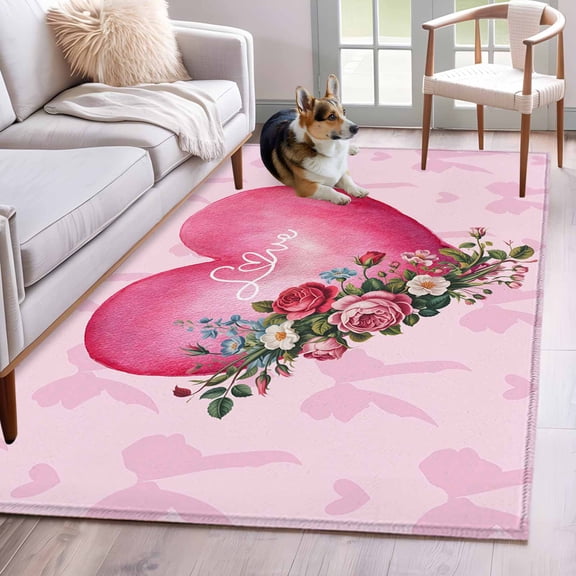 Area Rug for Living Room, Valentines Day Non-Slip Indoor Large Carpet for Bedroom/Dining Room, Pink Love Hearts Roses Floral Romantic Washable Low-Profile Rectangle Floor Mat Runner Rugs - 2.7 x 5 Ft