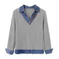 thumbnail image 5 of ManxiVoo Women's Denim Patchwork Sweatshirt Casual Lapel V Neck Long Sleeve Pullover for Street Style XL Size Grey, 5 of 7
