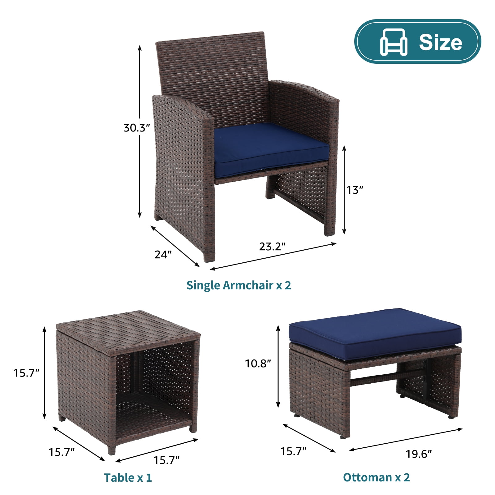JOIVI 5-Pcs Patio Conversation Set, Balcony Furniture Set with Cushions, Brown Wicker Chair with Ottoman & Storage Table, Navy Blue