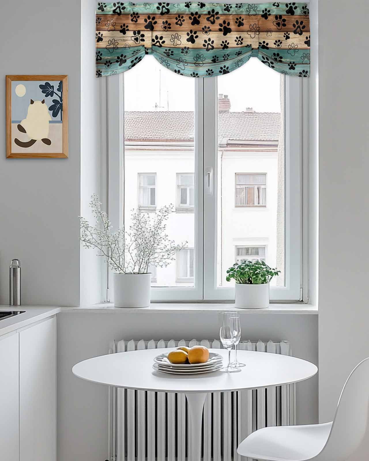 Dog Claws Tie Up Valances Curtain, Adjustable Kitchen Teal Brown Wood Grain Valances for Windows Decor, Rod Pocket Short Curtains Set for Bedroom/Bathroom, 54"x18"
