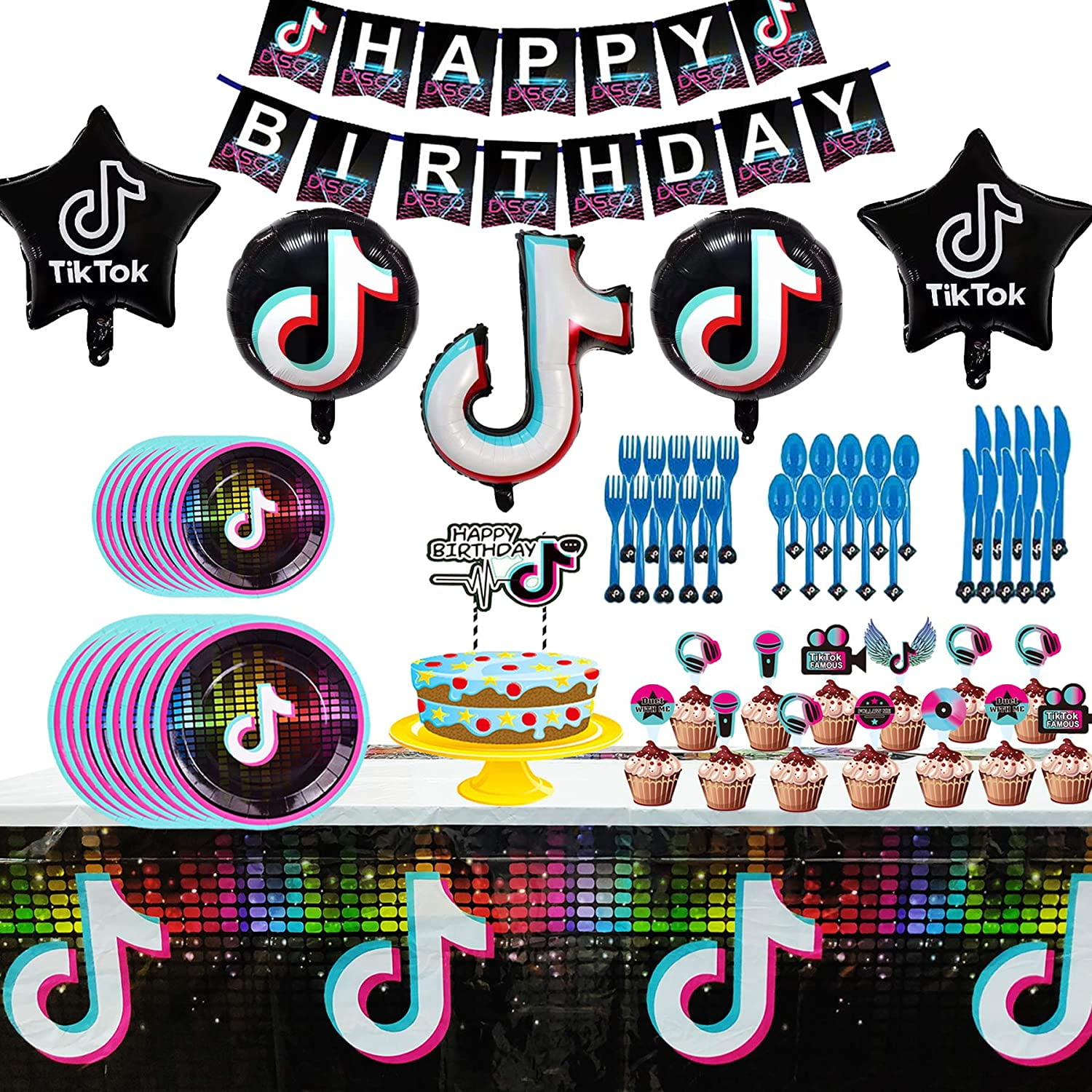 Tik Tok Party Supplies Birthday Decorations Tik Tok Party Favors Banner Cake Topper Plates Tablecloth Knife Fork Spoon And Foil Balloon For Kids Themed Party Walmart Com Walmart Com