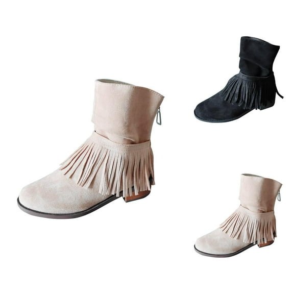 Women's Fringe Suede Boots, Fashion Mid Calf Tall Boots with Rear Zipper, Comfortable Fall and Winter Casual Footwear
